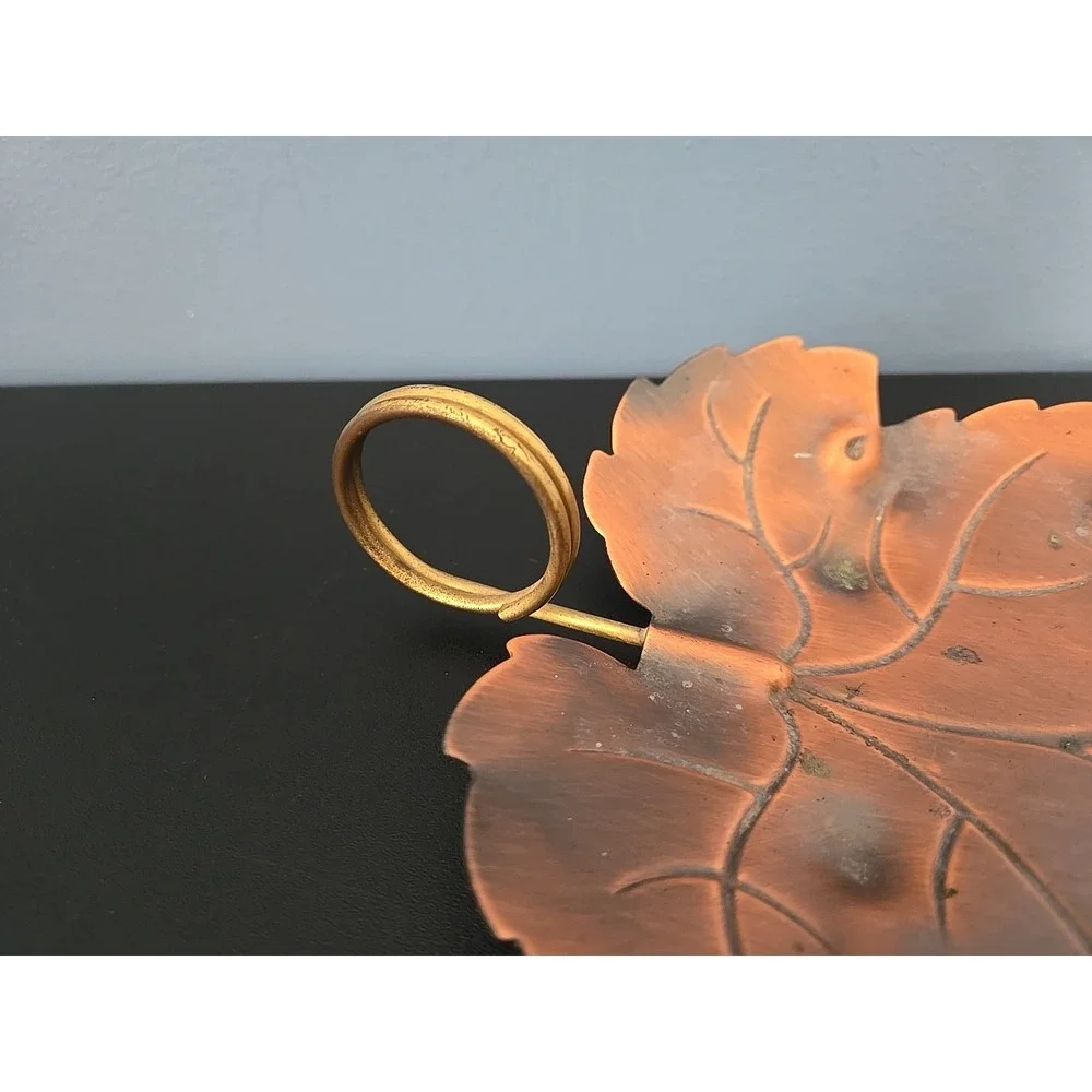 Copper Oak Leaf Bowl Trinket KEYS candy Coppercraft Guild USA Brass Ring Handle‎